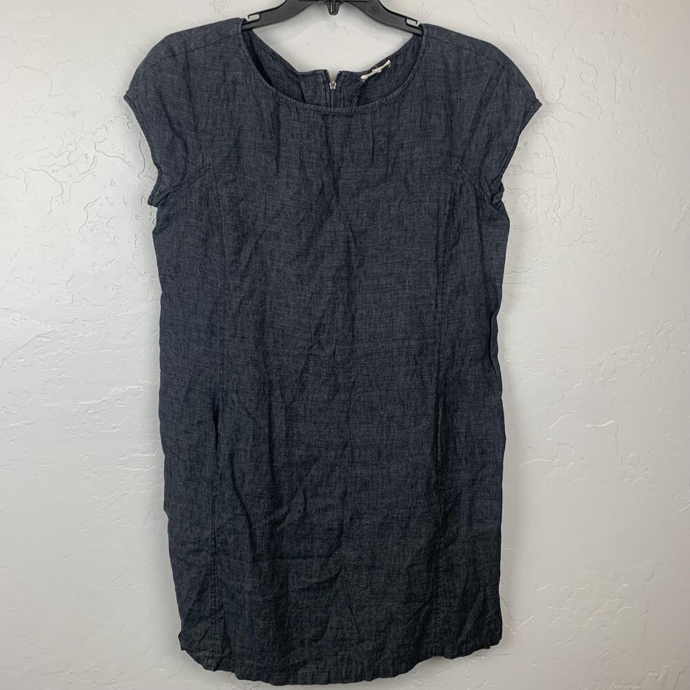 Eileen Fisher Dress Womens Small Blue Linen Shift Cap Sleeve Pockets Knee Length